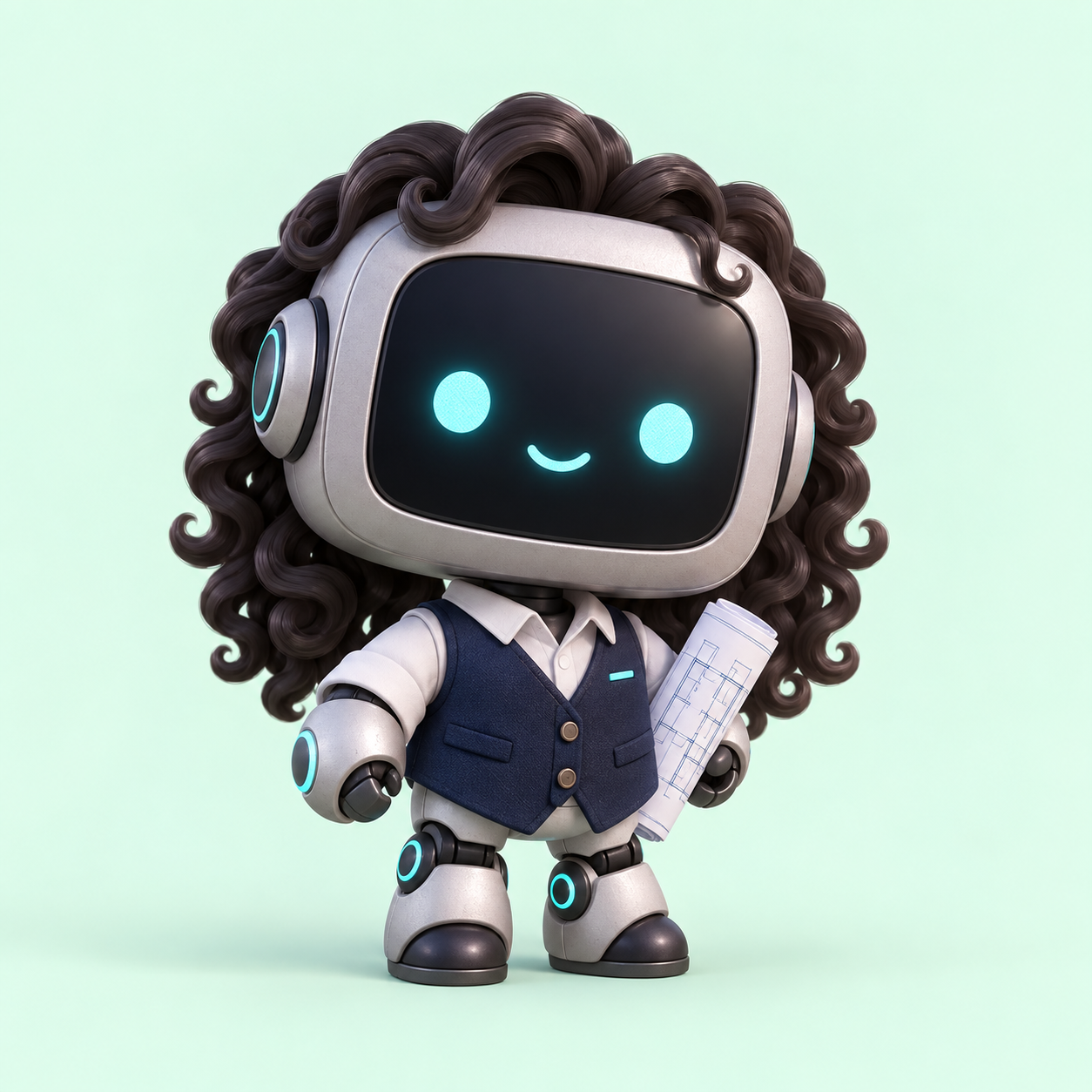 Razafael, robot amigable con un cuerpo pequeño, planos y rulos largos